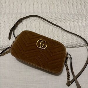 GUCCI GG Marmont Small Matelassé Tan Velvet Bag
